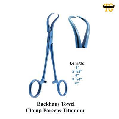 Backhaus Towel Clamp Forceps Titanium, surgical instruments, TGI's own catalog photograph