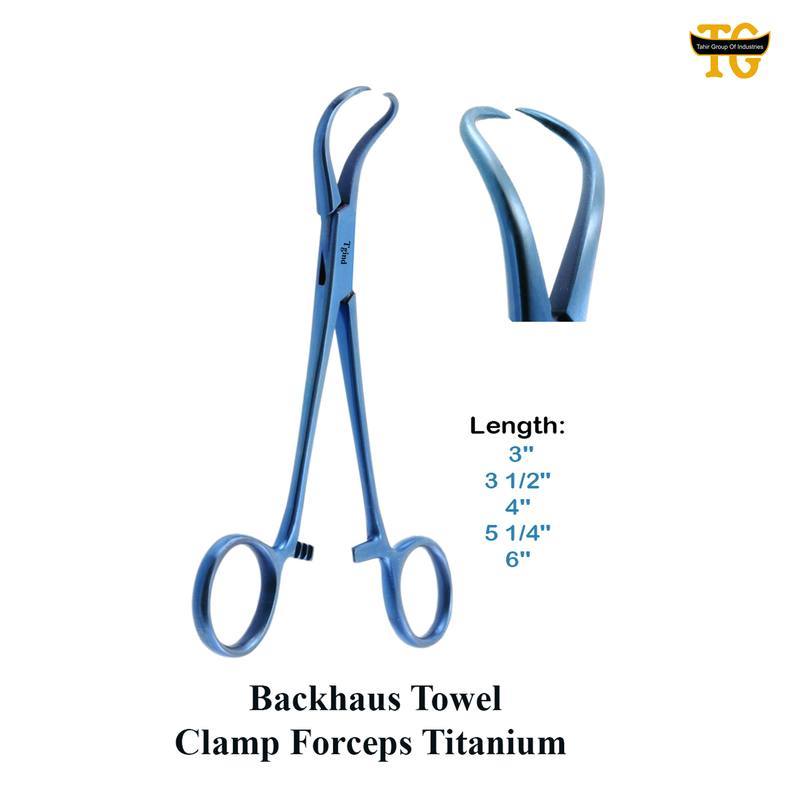 Backhaus Towel Clamp Forceps Titanium, surgical instruments, TGI's own catalog photograph
