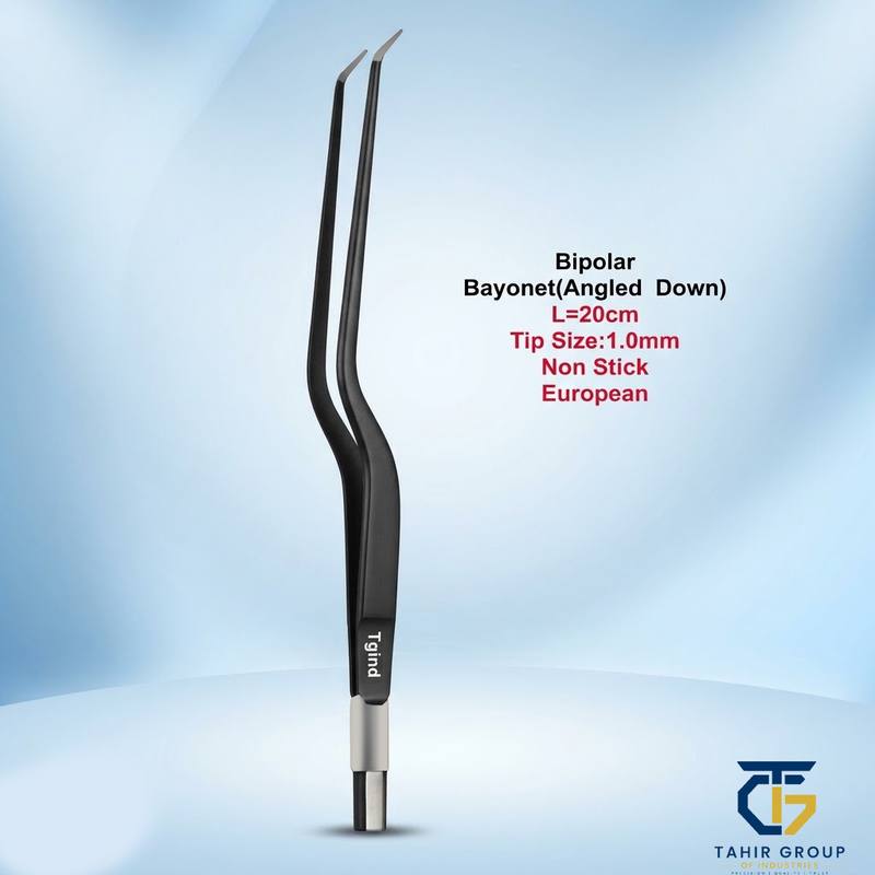 Bipolar Bayonet Forceps, Angled Down, electrosurgical instruments, TGI's own catalog photograph