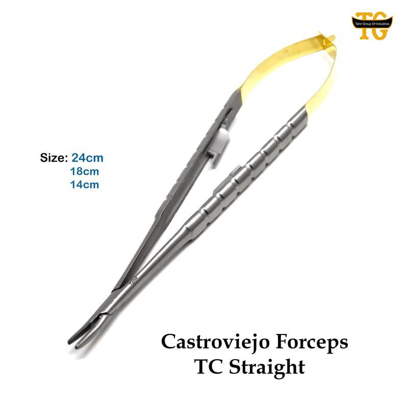 Castroviejo Forceps TC Straight, surgical instruments, TGI's own catalog photograph