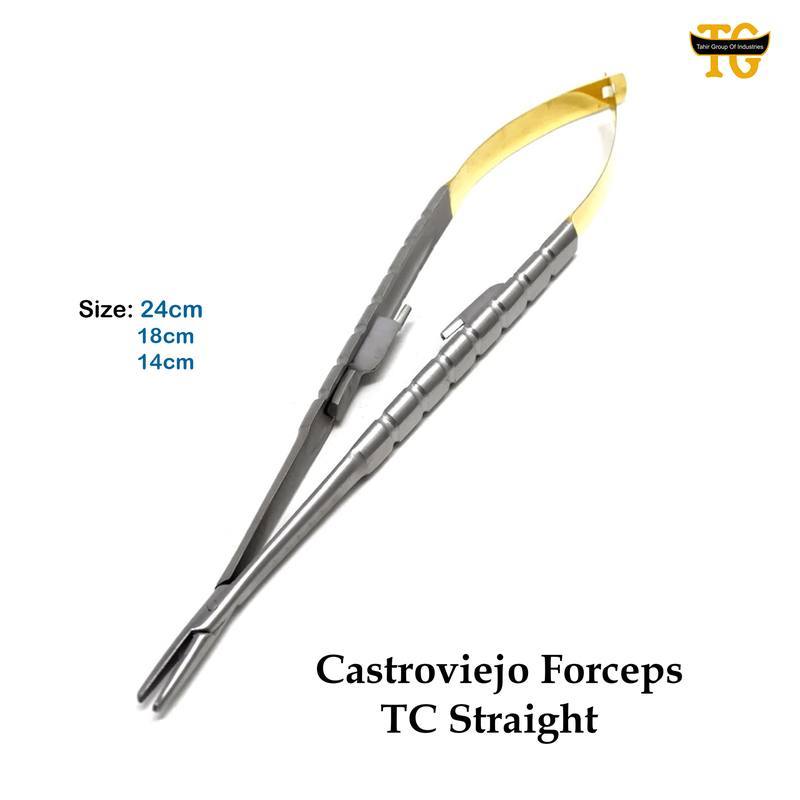Castroviejo Forceps TC Straight, surgical instruments, TGI's own catalog photograph