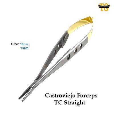 Castroviejo Forceps TC Straight, surgical instruments, TGI's own catalog photograph