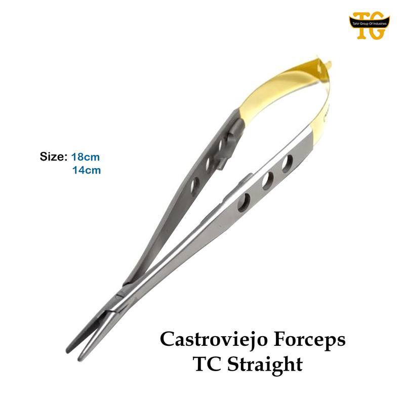 Castroviejo Forceps TC Straight, surgical instruments, TGI's own catalog photograph
