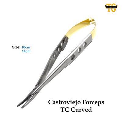 Castroviejo Forceps TC Curved, surgical instruments, TGI's own catalog photograph