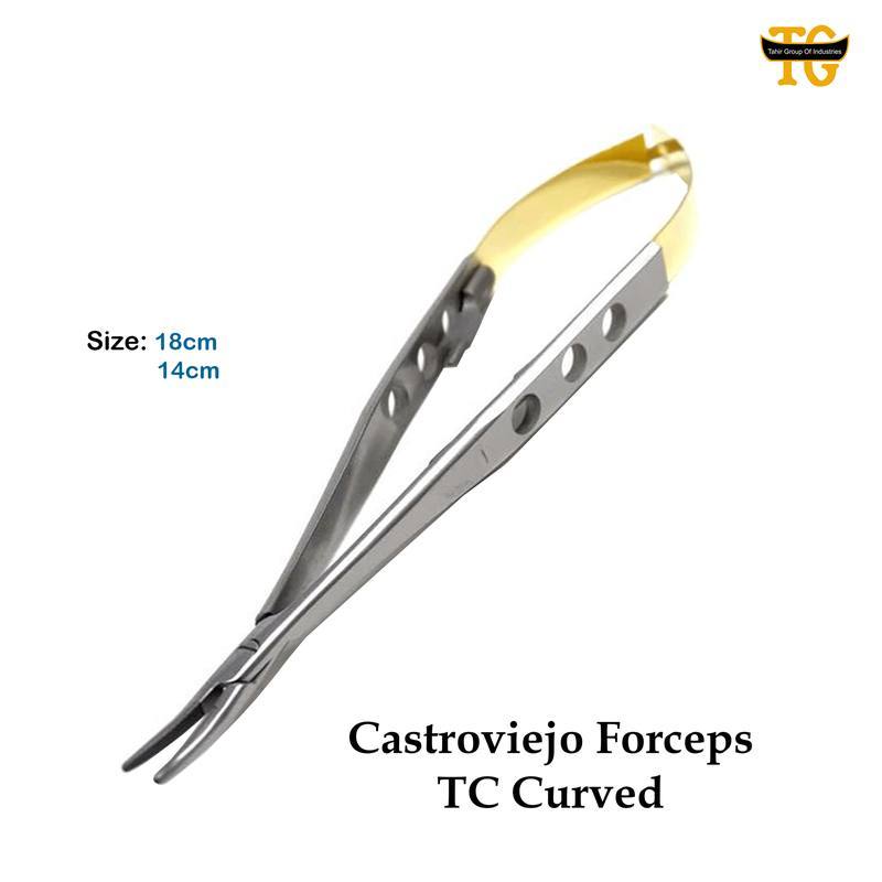 Castroviejo Forceps TC Curved, surgical instruments, TGI's own catalog photograph