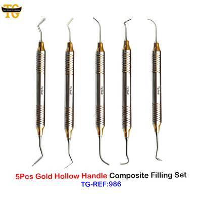 Gold Hollow Handle Composite Filling Set, dental instruments, TGI's own catalog photograph