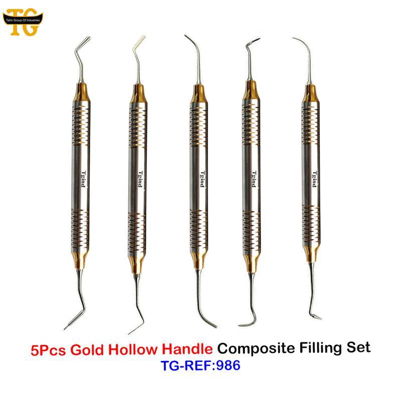 Gold Hollow Handle Composite Filling Set, dental instruments, TGI's own catalog photograph