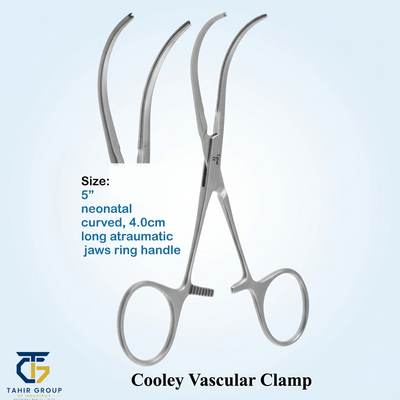 Cooley Vascular Clamp, Neonatal, Curved, surgical instruments, TGI's own catalog photograph