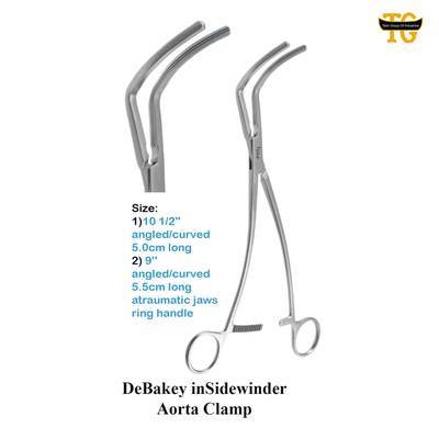 DeBakey inSidewinder Aorta Clamp, surgical instruments, TGI's own catalog photograph
