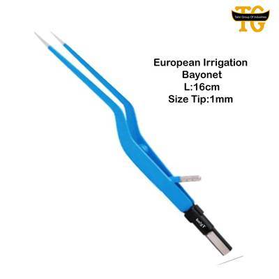 European Irrigation Bipolar Forceps Bayonet, electrosurgical instruments, TGI's own catalog photograph