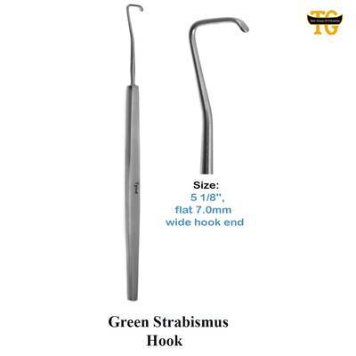 Green Strabismus Hook, surgical instruments, TGI's own catalog photograph