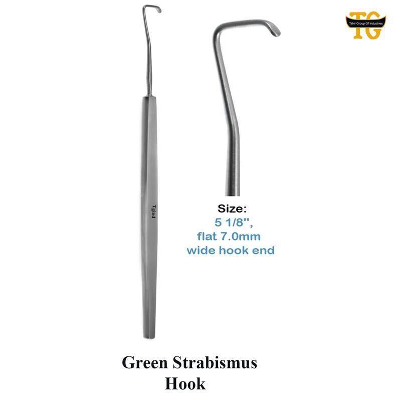 Green Strabismus Hook, surgical instruments, TGI's own catalog photograph
