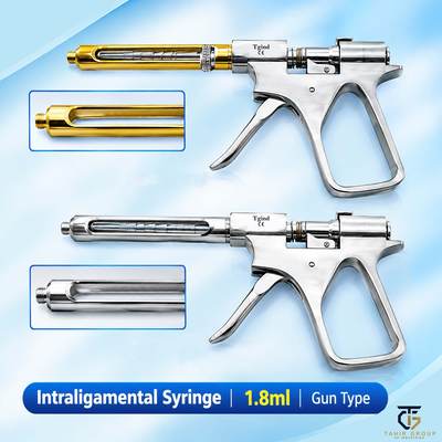 Intraligamental Syringe Gun Type Silver and Gold, dental instruments, TGI's own catalog photograph