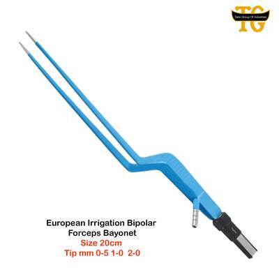 European Irrigation Bipolar Forceps Bayonet, electrosurgical instruments, TGI's own catalog photograph