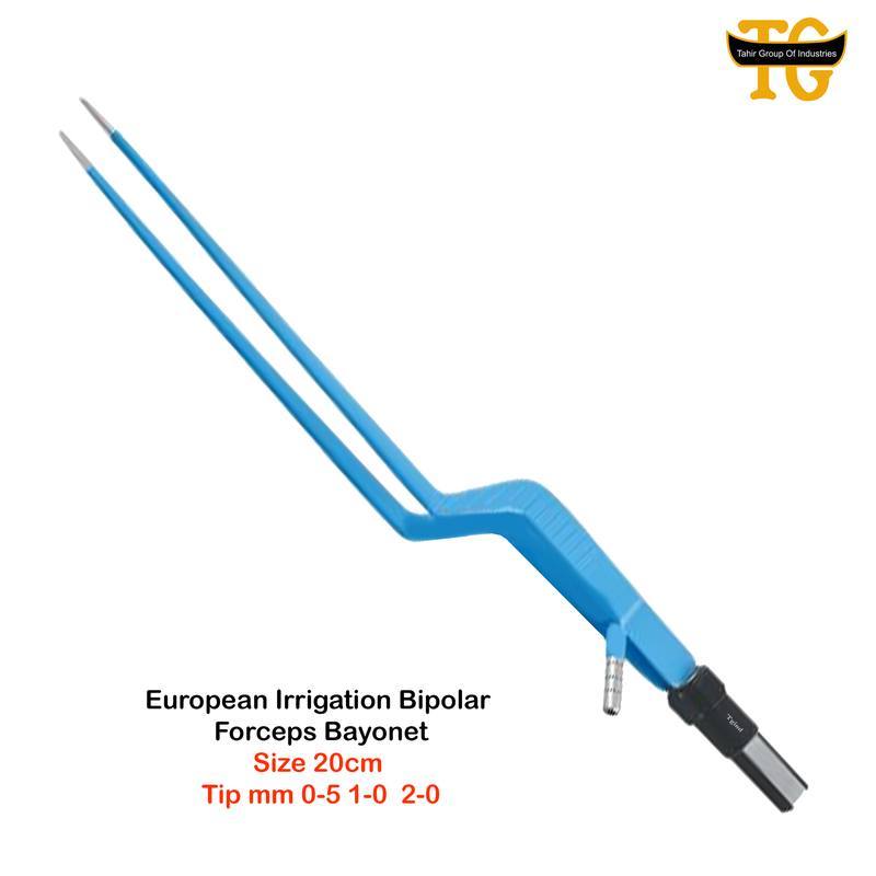 European Irrigation Bipolar Forceps Bayonet, electrosurgical instruments, TGI's own catalog photograph