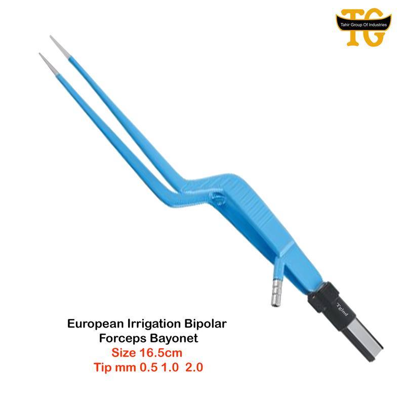 European Irrigation Bipolar Forceps Bayonet, electrosurgical instruments, TGI's own catalog photograph