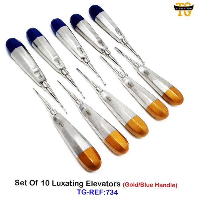 Set Of 10 Luxating Elevators (Gold/Blue Handle), dental instruments, TGI's own catalog photograph