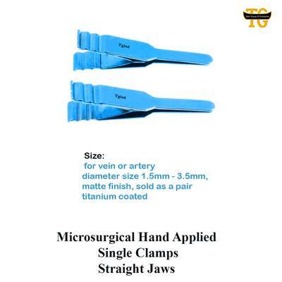 Microsurgical Hand Applied Single Clamps, Straight Jaws, surgical instruments, TGI's own catalog photograph