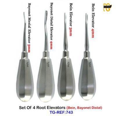 Set Of 4 Root Elevators, dental instruments, TGI's own catalog photograph