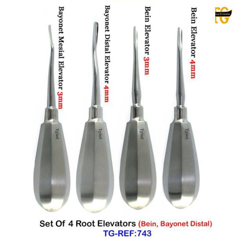 Set Of 4 Root Elevators, dental instruments, TGI's own catalog photograph