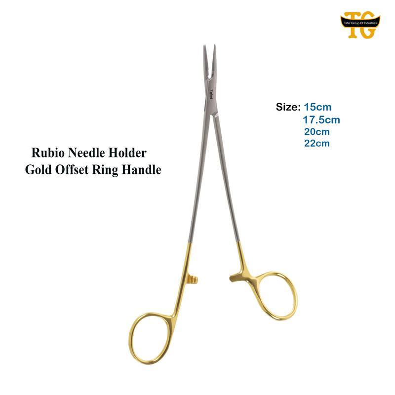 Rubio Needle Holder Gold Offset Ring Handle, surgical instruments, TGI's own catalog photograph